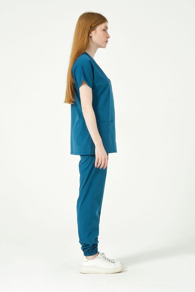 Turkuaz Likralı Scrubs Jogger Paça Doktor Hemşire Forması Yarasa Kol Takım Unisex