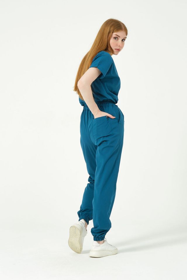 Turkuaz Likralı Scrubs Jogger Paça Doktor Hemşire Forması Yarasa Kol Takım Unisex