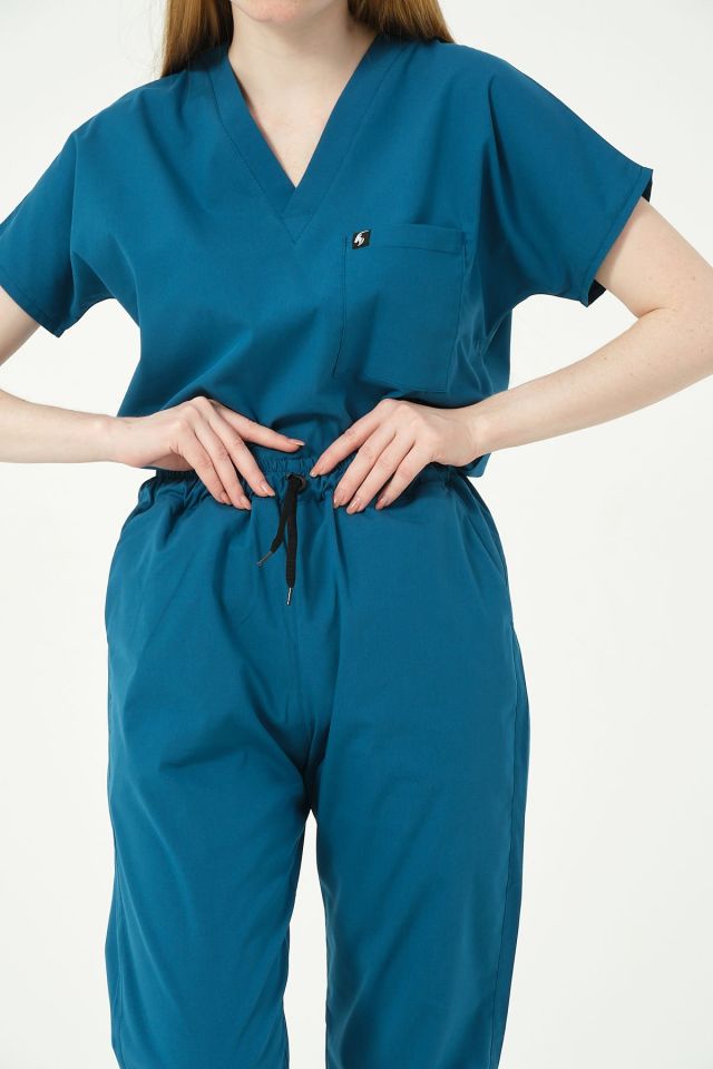Turkuaz Likralı Scrubs Jogger Paça Doktor Hemşire Forması Yarasa Kol Takım Unisex