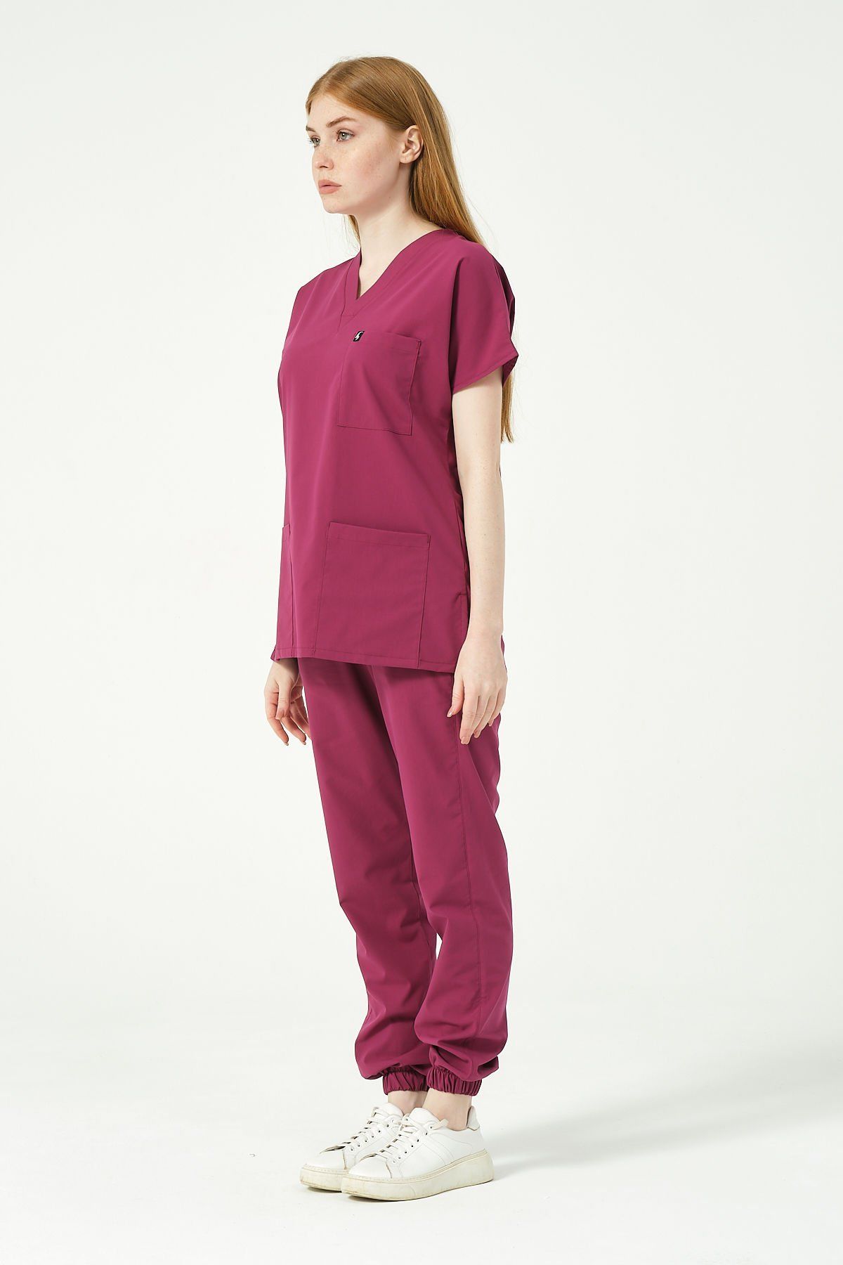 Vişne Likralı Scrubs Jogger Paça Doktor Hemşire Forması Yarasa Kol Takım Unisex