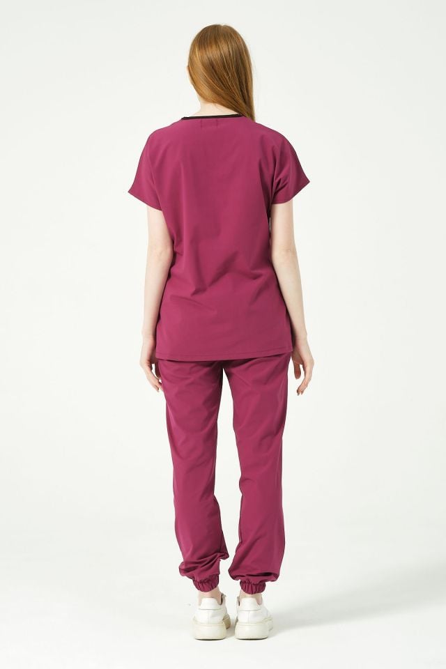 Vişne Likralı Scrubs Jogger Paça Doktor Hemşire Forması Yarasa Kol Takım Unisex