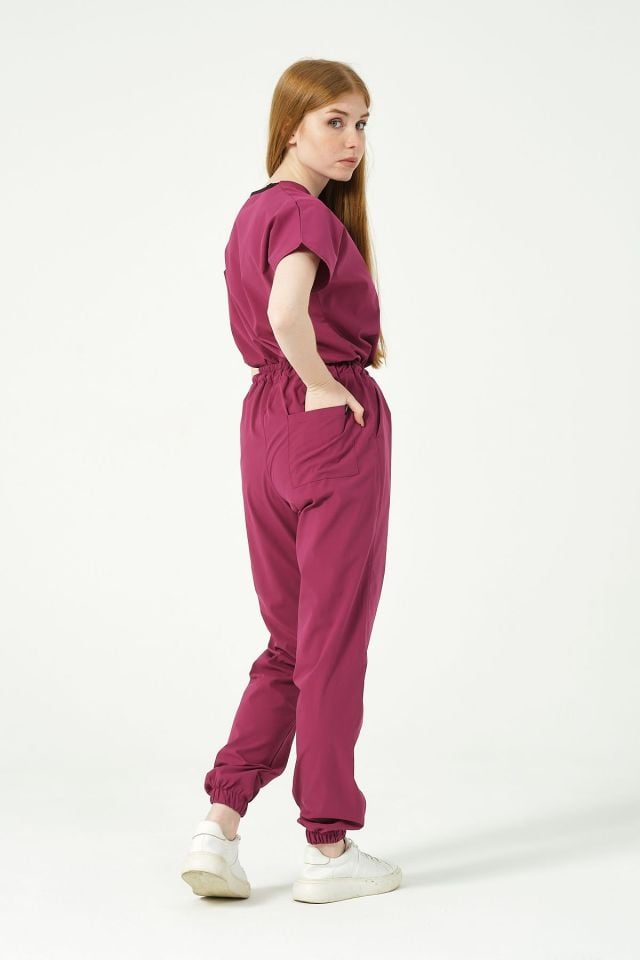 Vişne Likralı Scrubs Jogger Paça Doktor Hemşire Forması Yarasa Kol Takım Unisex
