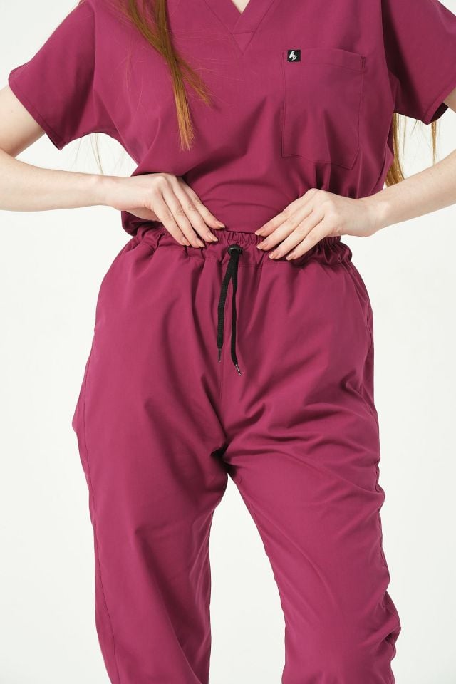 Vişne Likralı Scrubs Jogger Paça Doktor Hemşire Forması Yarasa Kol Takım Unisex
