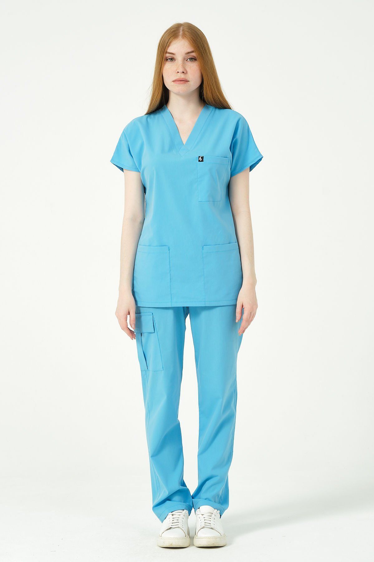 Bebe Mavi Likralı Scrubs Kargo Cep Doktor Hemşire Forması Yarasa Kol Takım Unisex