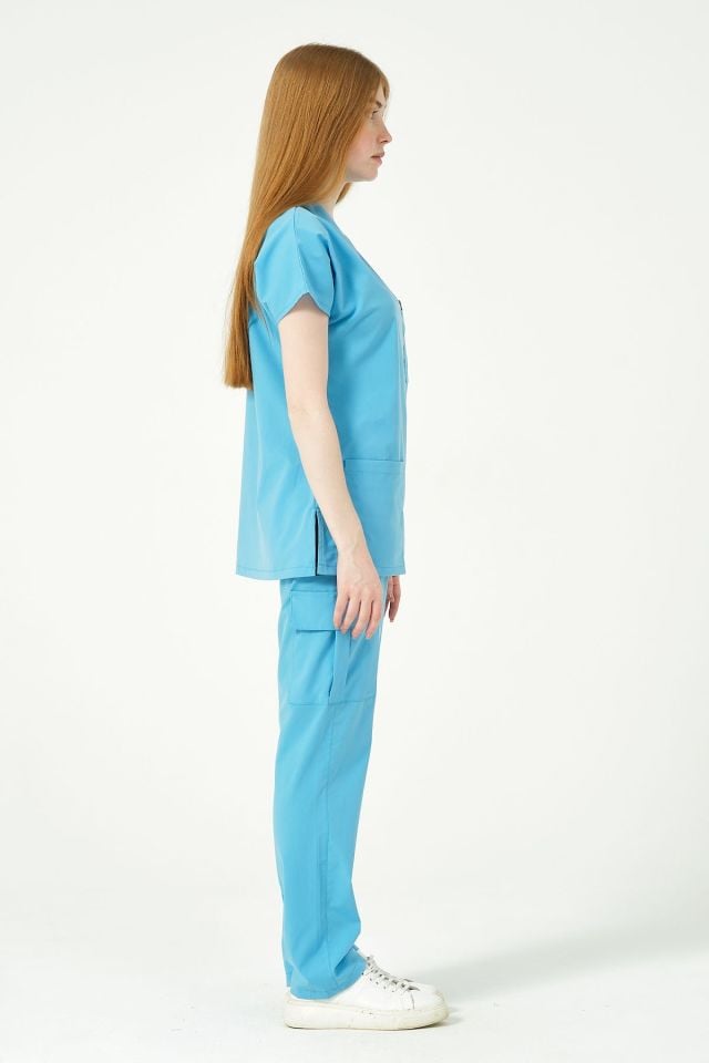 Bebe Mavi Likralı Scrubs Kargo Cep Doktor Hemşire Forması Yarasa Kol Takım Unisex