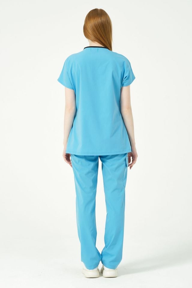 Bebe Mavi Likralı Scrubs Kargo Cep Doktor Hemşire Forması Yarasa Kol Takım Unisex