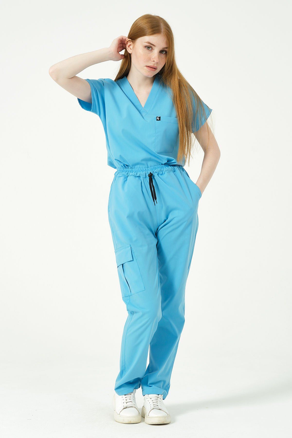 Bebe Mavi Likralı Scrubs Kargo Cep Doktor Hemşire Forması Yarasa Kol Takım Unisex