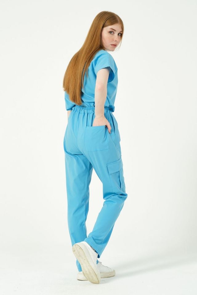 Bebe Mavi Likralı Scrubs Kargo Cep Doktor Hemşire Forması Yarasa Kol Takım Unisex