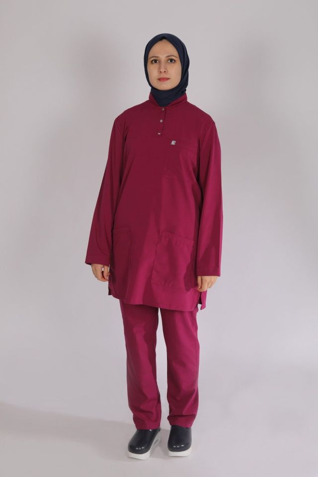 Vişne Likralı Tesettür Scrubs Doktor Hemşire Forması Tek Üst XS