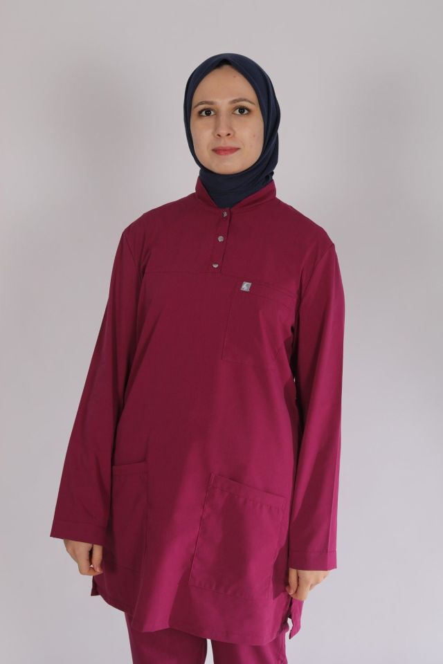 Vişne Likralı Tesettür Scrubs Doktor Hemşire Forması Tek Üst XS