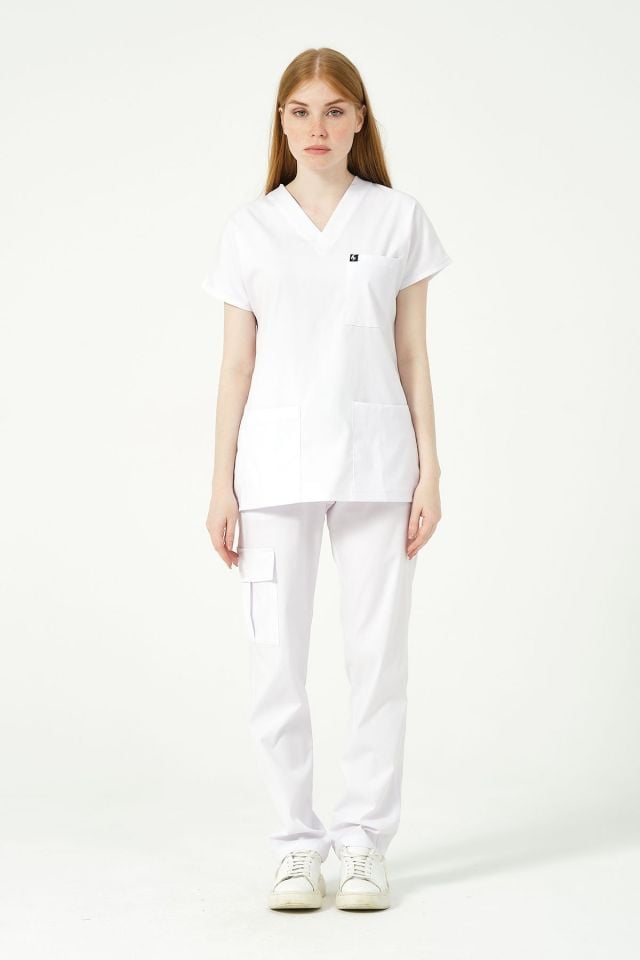 Beyaz Likralı Scrubs Kargo Cep Doktor Hemşire Forması Yarasa Kol Takım Unisex