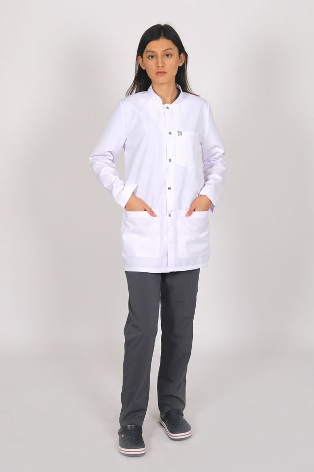 Beyaz Doktor Öğretmen Öğrenci Laboratuvar Önlüğü Uzun Kol Hakim Yaka Kadın