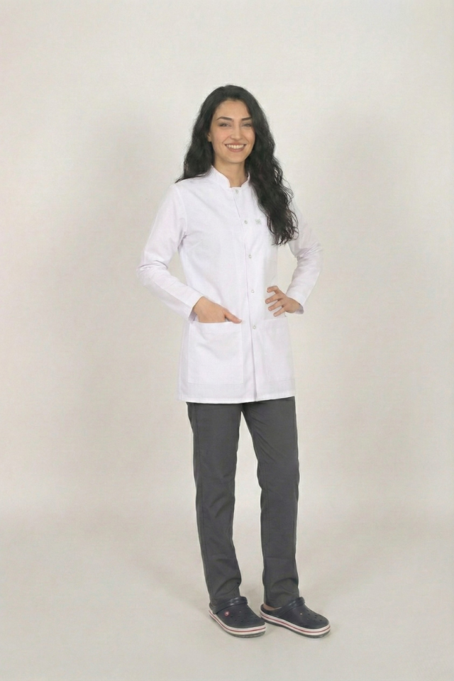 Beyaz Doktor Öğretmen Öğrenci Laboratuvar Önlüğü Uzun Kol Hakim Yaka Kadın