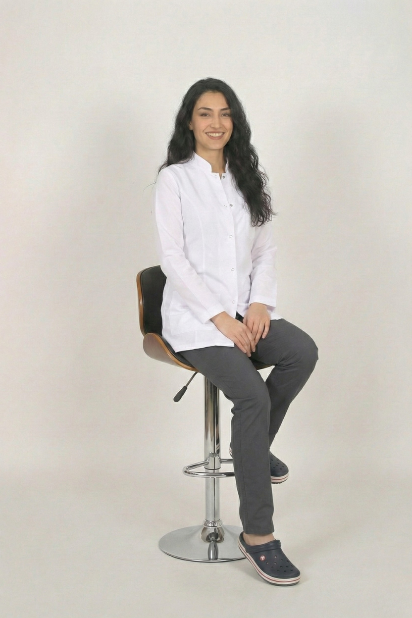 Beyaz Doktor Öğretmen Öğrenci Laboratuvar Önlüğü Uzun Kol Hakim Yaka Kadın