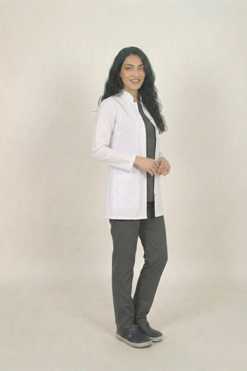 Beyaz Doktor Öğretmen Öğrenci Laboratuvar Önlüğü Uzun Kol Hakim Yaka Kadın