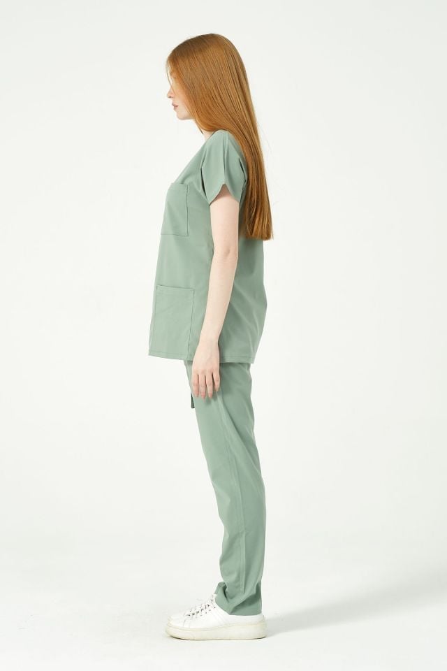 Çağla Yeşili Likralı Scrubs Kargo Cep Doktor Hemşire Forması Yarasa Kol Takım Unisex