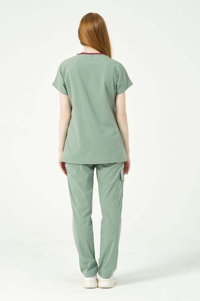 Çağla Yeşili Likralı Scrubs Kargo Cep Doktor Hemşire Forması Yarasa Kol Takım Unisex