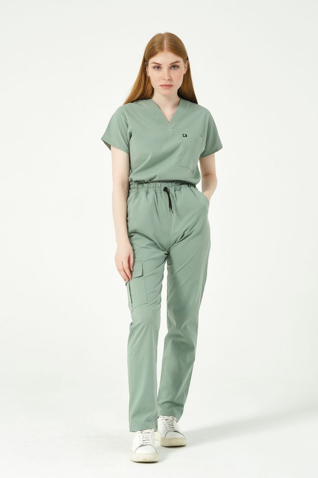 Çağla Yeşili Likralı Scrubs Kargo Cep Doktor Hemşire Forması Yarasa Kol Takım Unisex