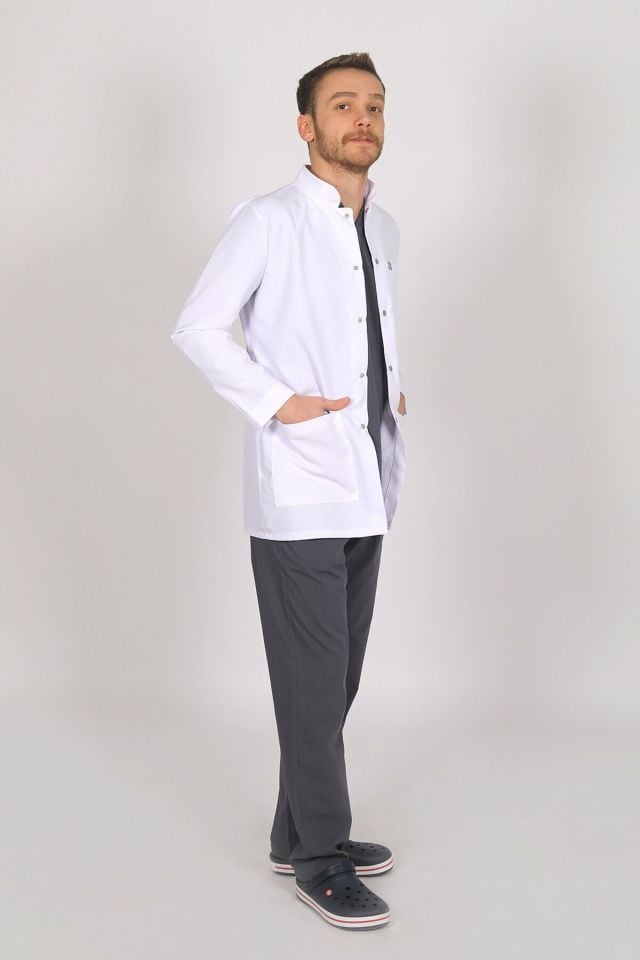 Beyaz Doktor Öğretmen Öğrenci Laboratuvar Önlüğü Uzun Kol Hakim Yaka Erkek