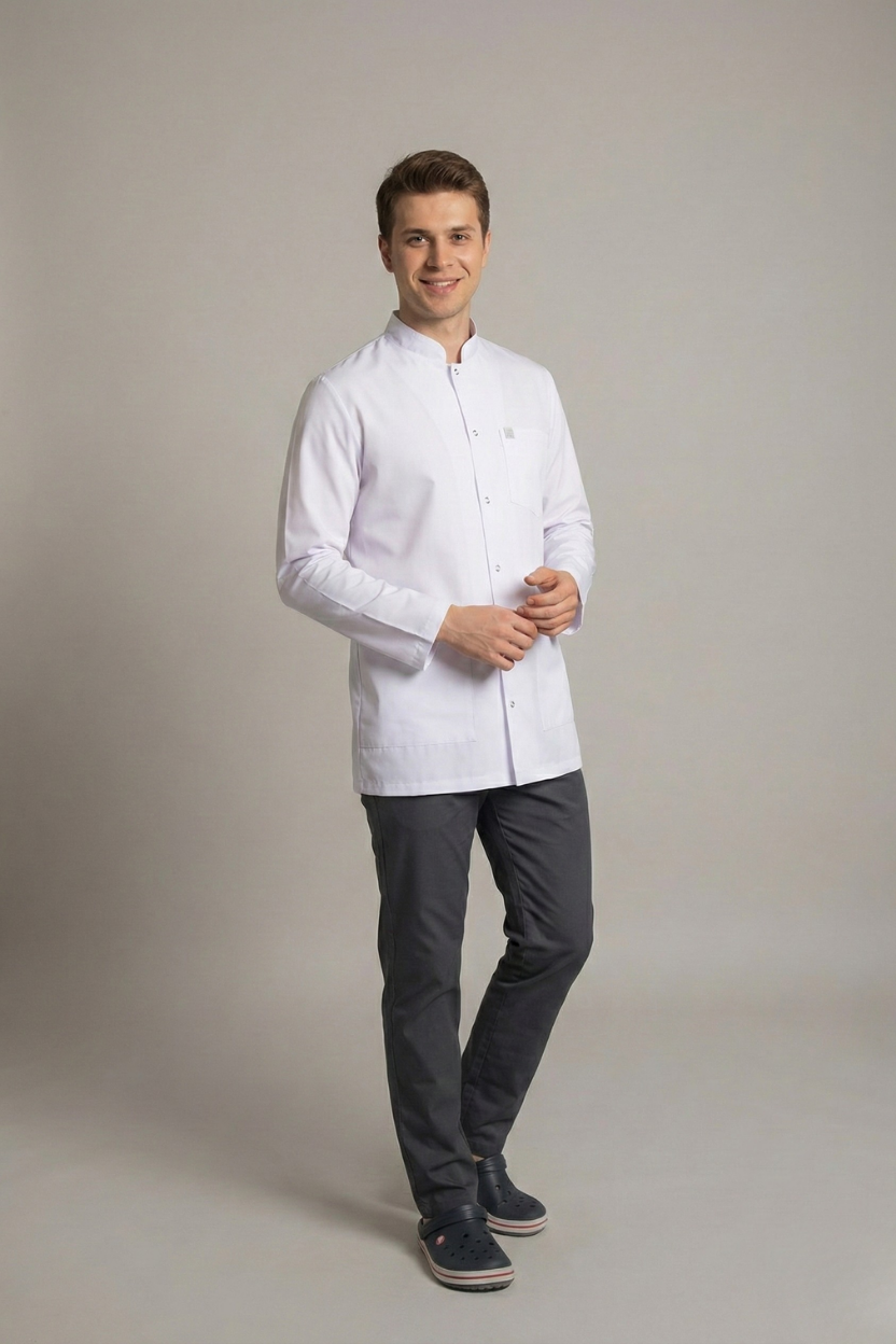 Beyaz Doktor Öğretmen Öğrenci Laboratuvar Önlüğü Uzun Kol Hakim Yaka Erkek