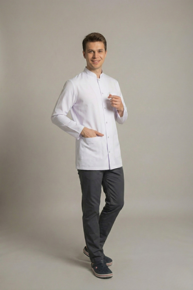 Beyaz Doktor Öğretmen Öğrenci Laboratuvar Önlüğü Uzun Kol Hakim Yaka Erkek