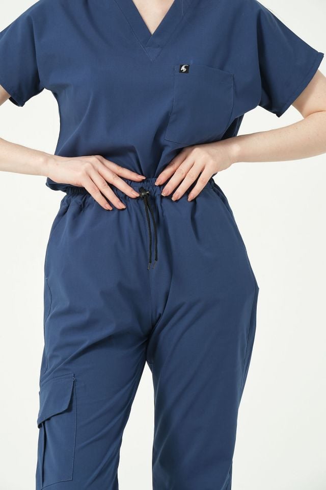 Fırtına Mavi Likralı Scrubs Kargo Cep Doktor Hemşire Forması Yarasa Kol Takım Unisex