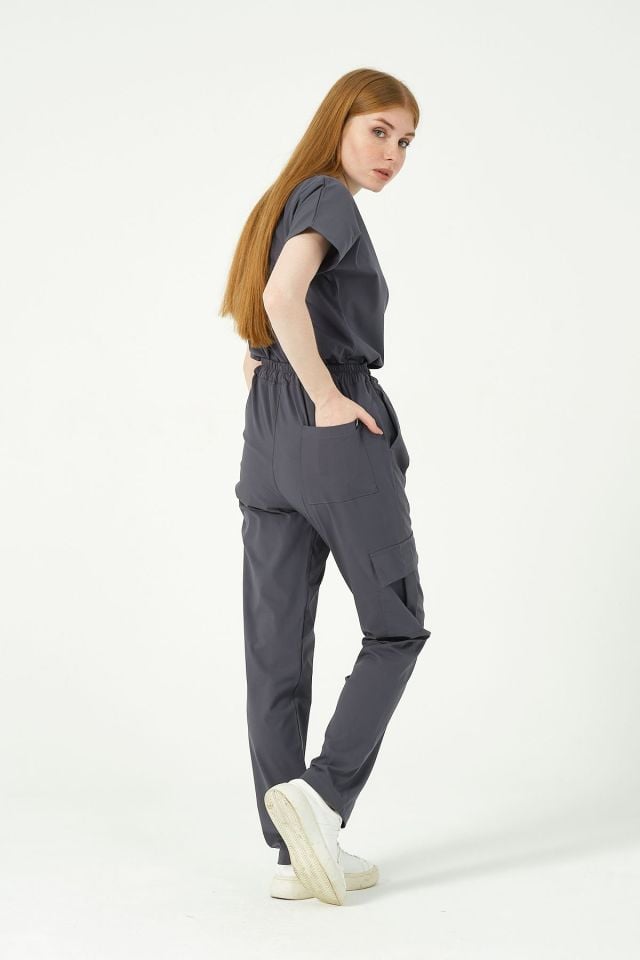 Füme Likralı Scrubs Kargo Cep Doktor Hemşire Forması Yarasa Kol Takım Unisex