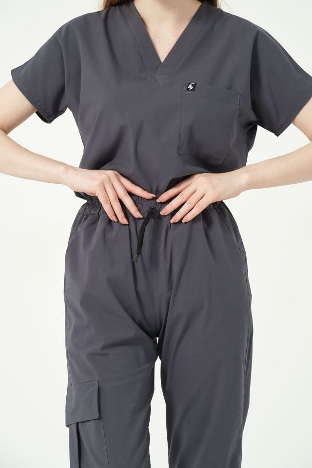 Füme Likralı Scrubs Kargo Cep Doktor Hemşire Forması Yarasa Kol Takım Unisex