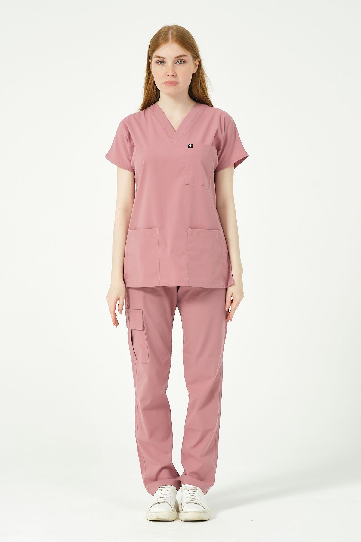 Gül Kurusu Likralı Scrubs Kargo Cep Doktor Hemşire Forması Yarasa Kol Takım Unisex