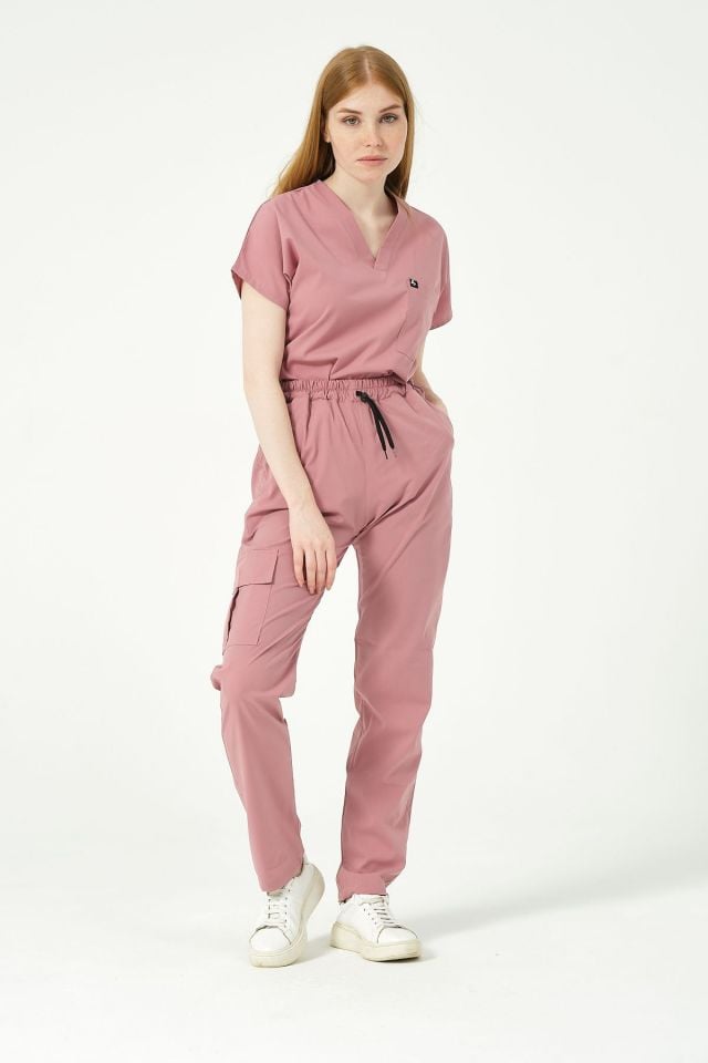 Gül Kurusu Likralı Scrubs Kargo Cep Doktor Hemşire Forması Yarasa Kol Takım Unisex