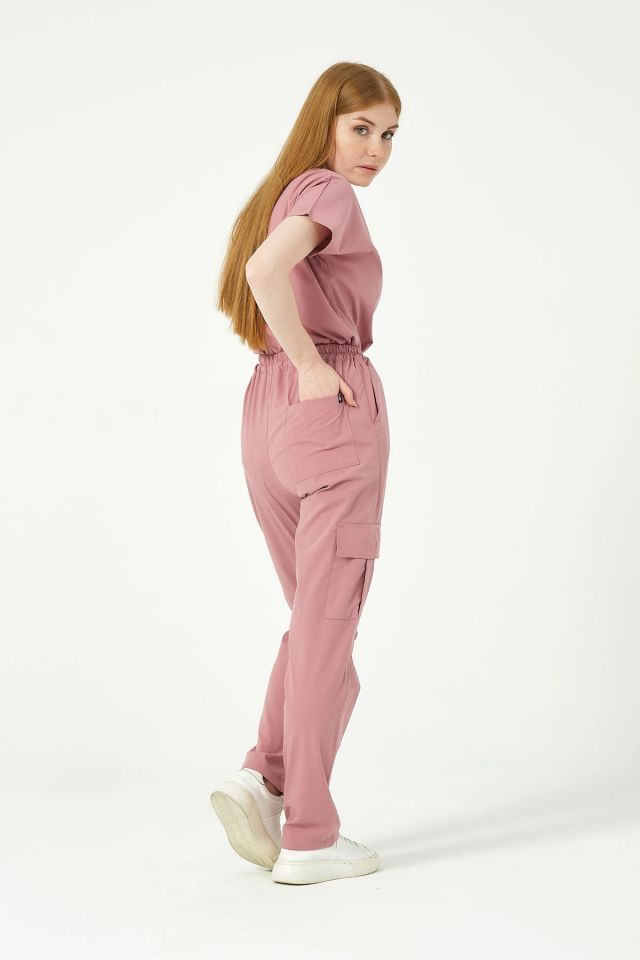 Gül Kurusu Likralı Scrubs Kargo Cep Doktor Hemşire Forması Yarasa Kol Takım Unisex