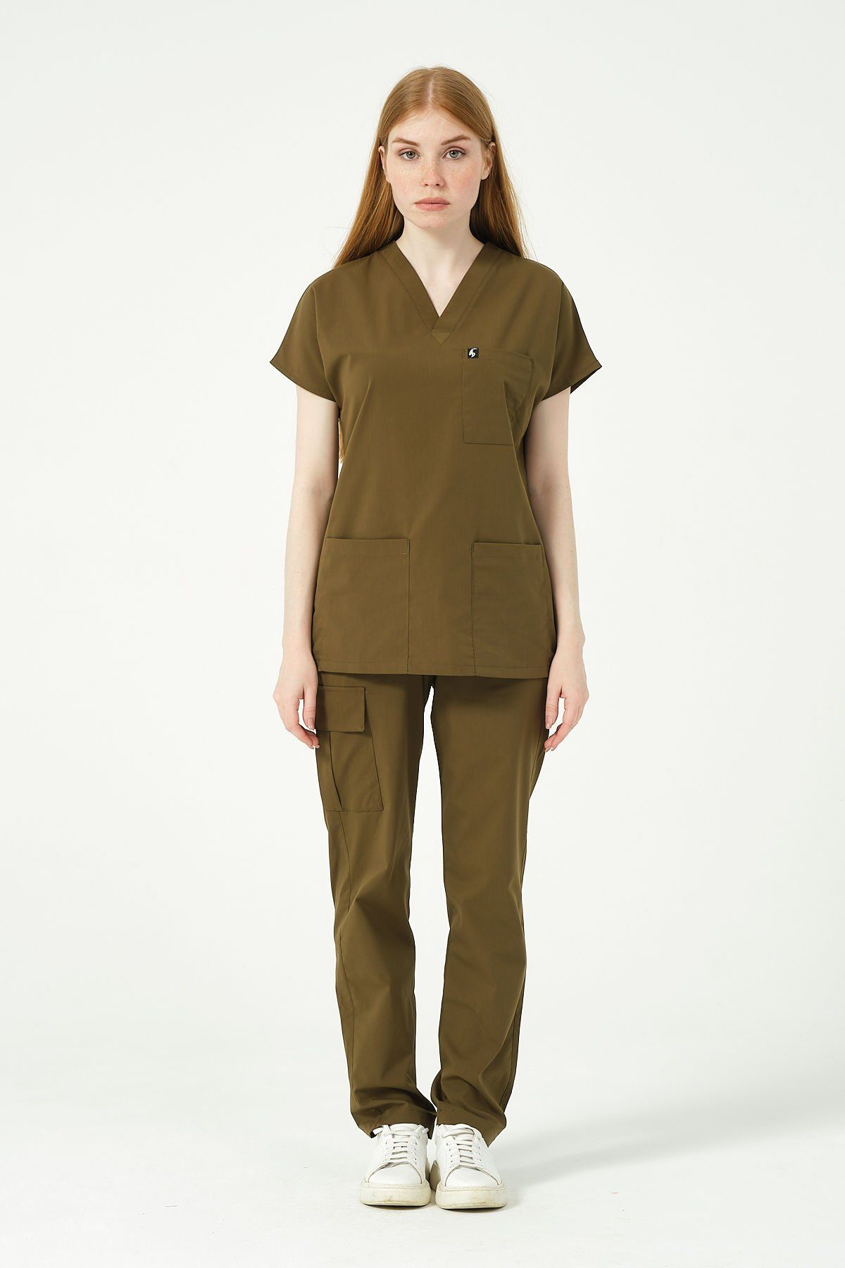 Haki Likralı Scrubs Kargo Cep Doktor Hemşire Forması Yarasa Kol Takım Unisex