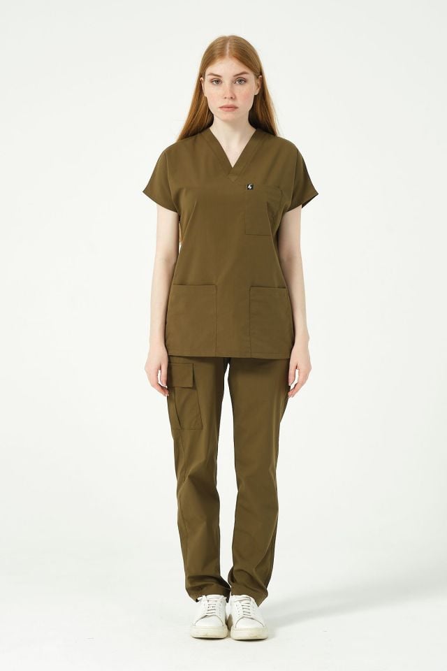 Haki Likralı Scrubs Kargo Cep Doktor Hemşire Forması Yarasa Kol Takım Unisex
