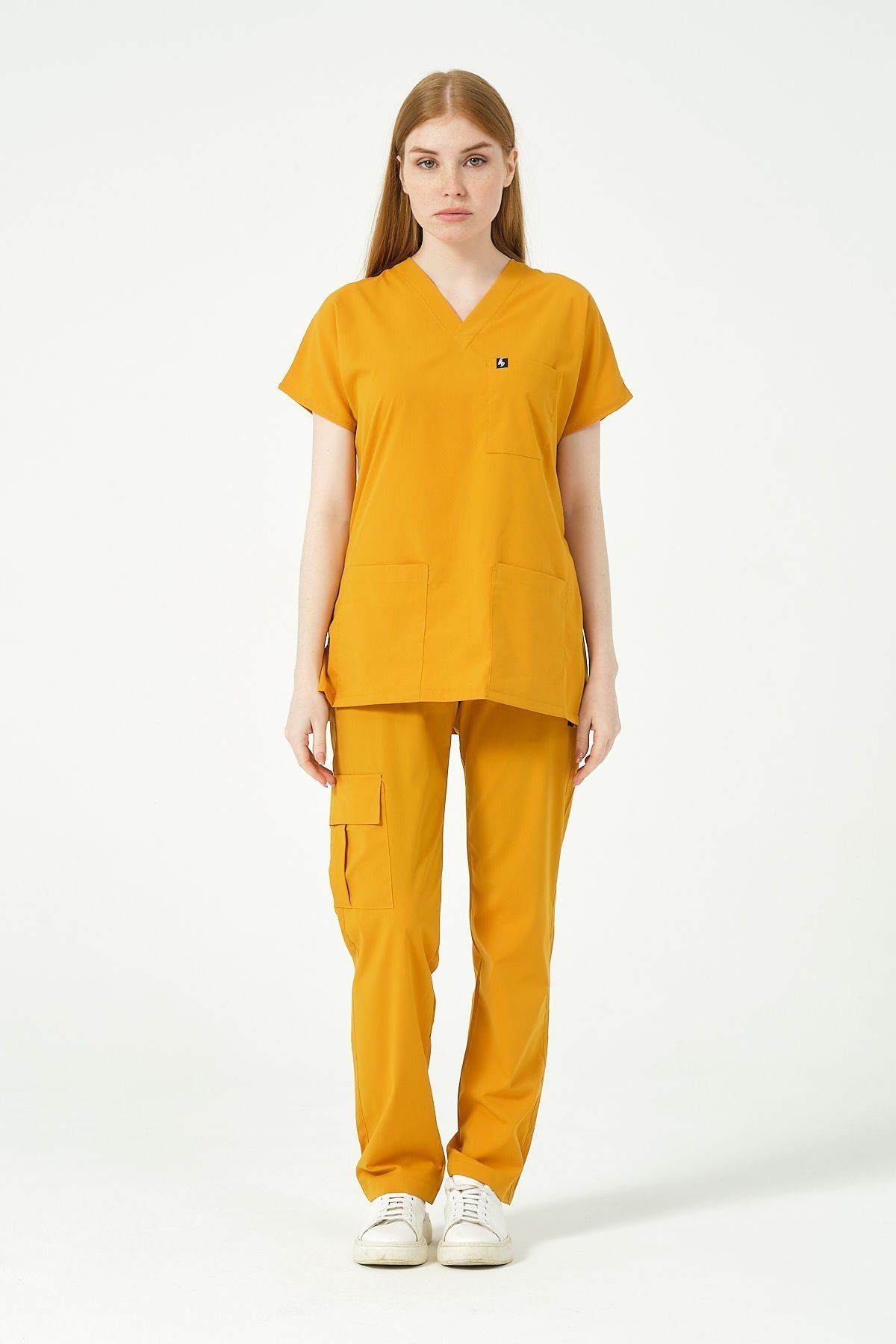 Hardal Likralı Scrubs Kargo Cep Doktor Hemşire Forması Yarasa Kol Takım Unisex