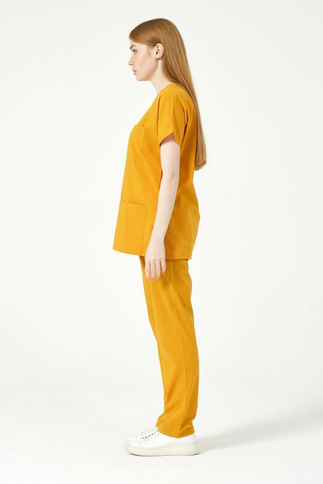 Hardal Likralı Scrubs Kargo Cep Doktor Hemşire Forması Yarasa Kol Takım Unisex