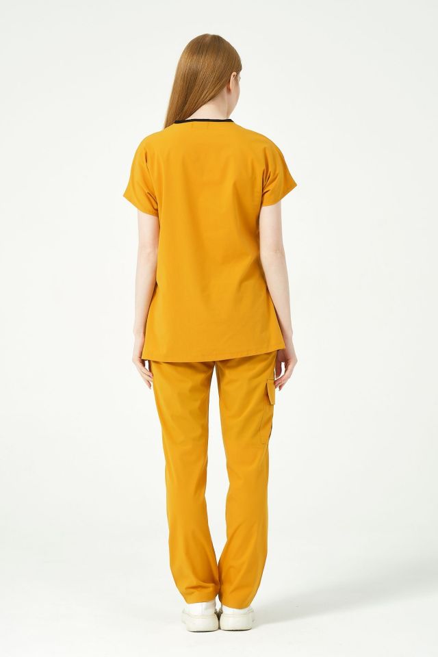 Hardal Likralı Scrubs Kargo Cep Doktor Hemşire Forması Yarasa Kol Takım Unisex