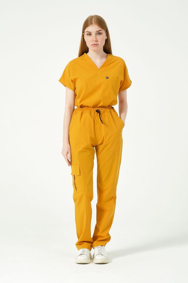 Hardal Likralı Scrubs Kargo Cep Doktor Hemşire Forması Yarasa Kol Takım Unisex