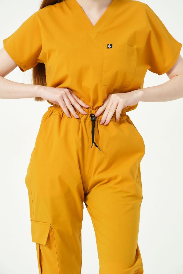 Hardal Likralı Scrubs Kargo Cep Doktor Hemşire Forması Yarasa Kol Takım Unisex