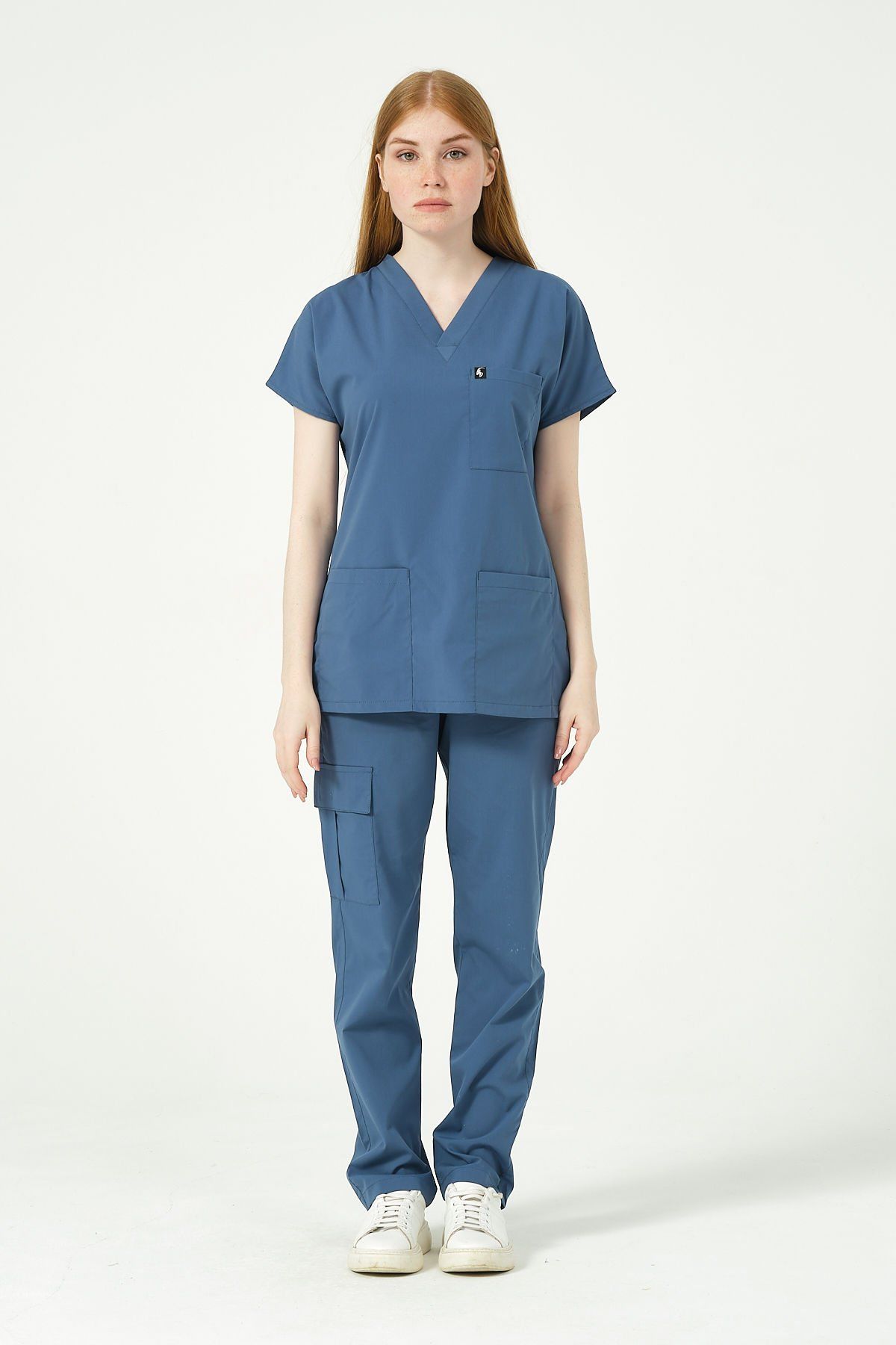 İndigo Likralı Scrubs Kargo Cep Doktor Hemşire Forması Yarasa Kol Takım Unisex