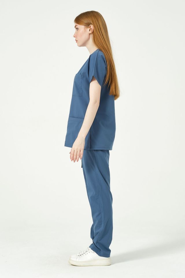 İndigo Likralı Scrubs Kargo Cep Doktor Hemşire Forması Yarasa Kol Takım Unisex