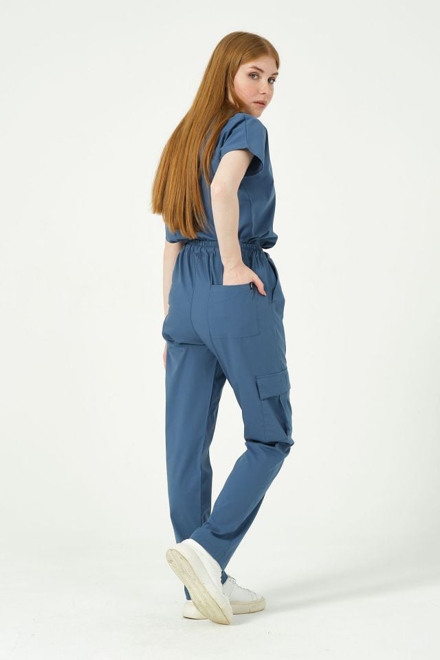 İndigo Likralı Scrubs Kargo Cep Doktor Hemşire Forması Yarasa Kol Takım Unisex