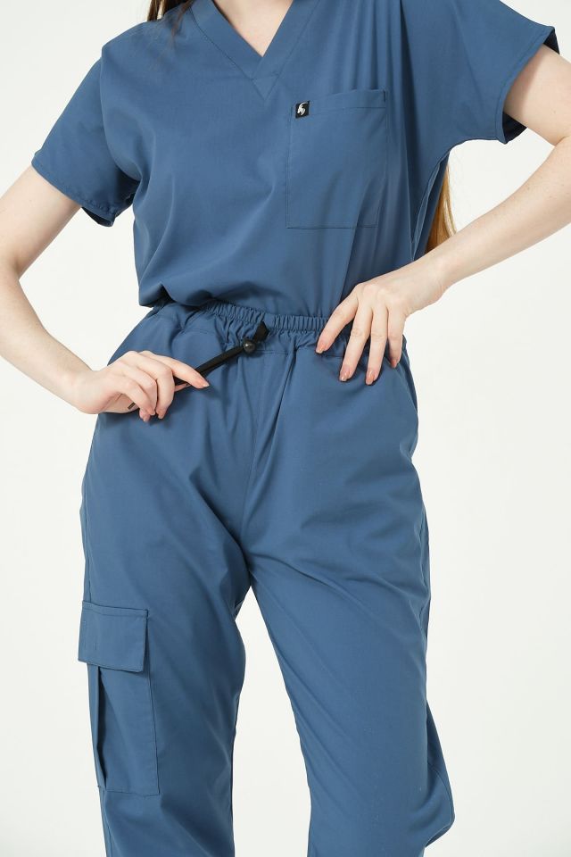İndigo Likralı Scrubs Kargo Cep Doktor Hemşire Forması Yarasa Kol Takım Unisex