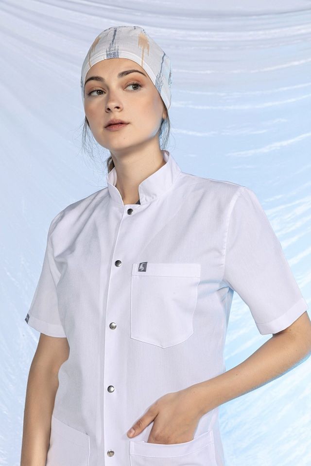 Beyaz Doktor Öğretmen Öğrenci Laboratuvar Önlüğü Kısa Kol Hakim Yaka Kadın XL