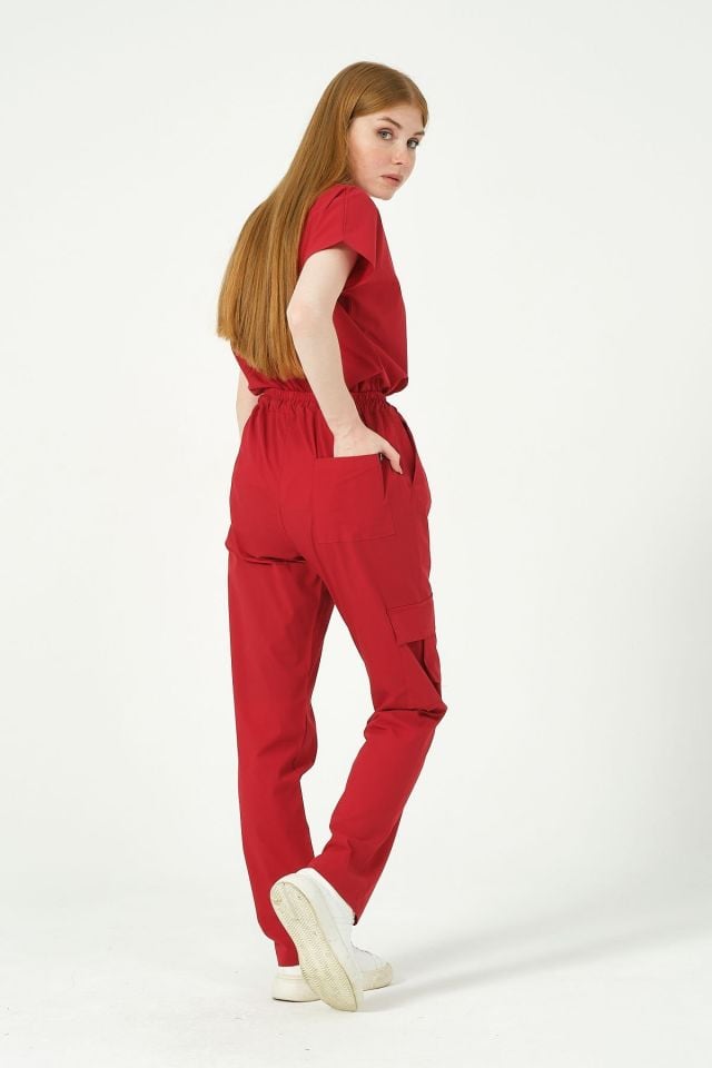 Kırmızı Likralı Scrubs Kargo Cep Doktor Hemşire Forması Yarasa Kol Takım Unisex