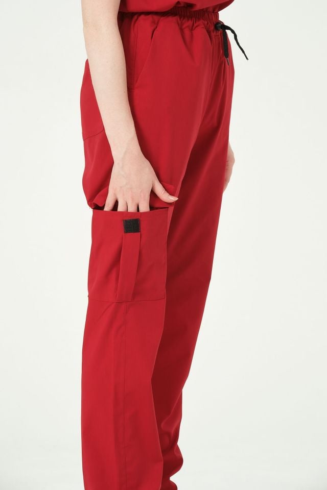 Kırmızı Likralı Scrubs Kargo Cep Doktor Hemşire Forması Yarasa Kol Takım Unisex