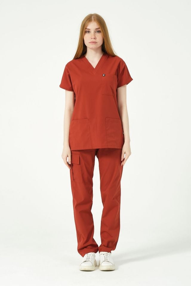 Kiremit Likralı Scrubs Kargo Cep Doktor Hemşire Forması Yarasa Kol Takım Unisex