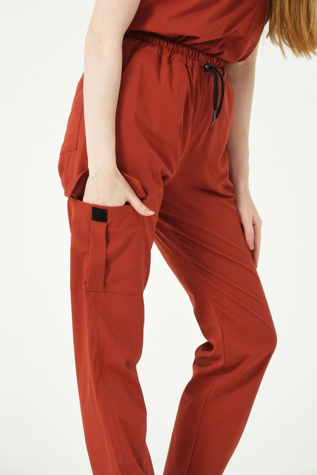 Kiremit Likralı Scrubs Kargo Cep Doktor Hemşire Forması Yarasa Kol Takım Unisex