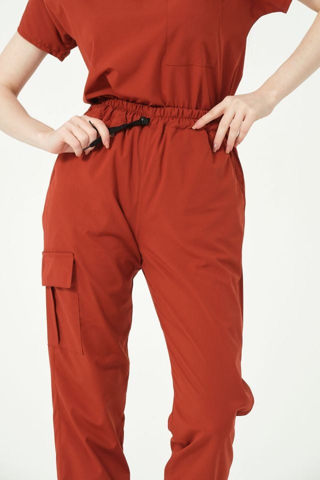 Kiremit Likralı Scrubs Kargo Cep Doktor Hemşire Forması Yarasa Kol Takım Unisex