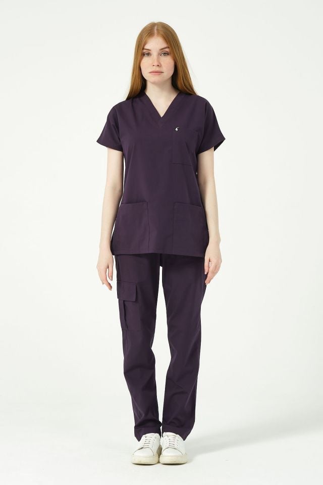 Koyu Mor Likralı Scrubs Kargo Cep Doktor Hemşire Forması Yarasa Kol Takım Unisex