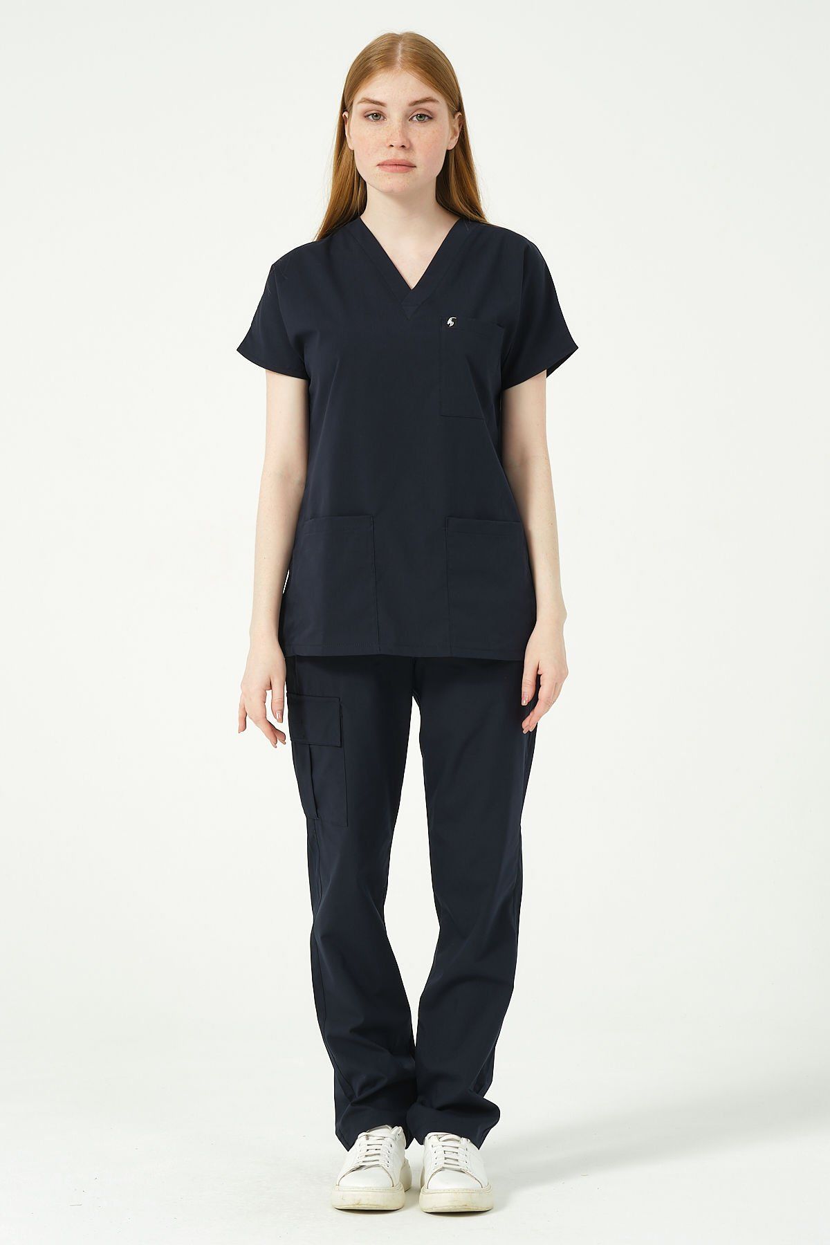 Lacivert Likralı Scrubs Kargo Cep Doktor Hemşire Forması Yarasa Kol Takım Unisex